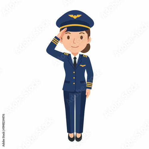 A cheerful female pilot in uniform is saluting, symbolizing professionalism and pride in aviation, inspiring future generations to pursue dreams in the field of flight and travel.