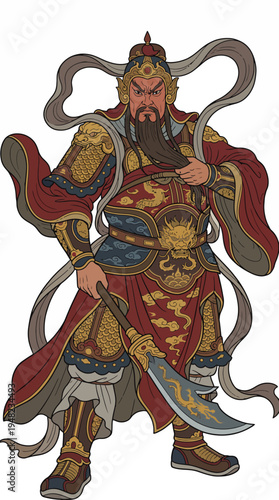 A powerful warrior clad in ornate armor brandishes a large weapon, symbolizing strength and heroism in mythological or historical contexts, full of detail and vibrant colors.