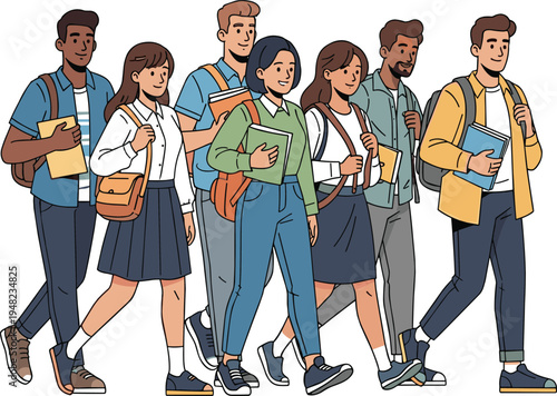 Diverse group of students walking with backpacks and books outdoors