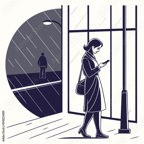 Woman in a coat standing under an awning in the rain