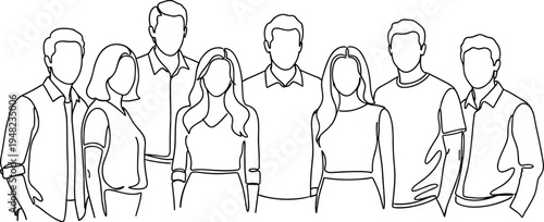 Continuous one line drawing of a diverse group of people standing together representing teamwork, community, professional business team, and unity.