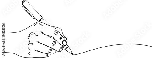 Continuous one line drawing of a hand holding a pen writing on paper representing creativity, signature, education, business, and storytelling.