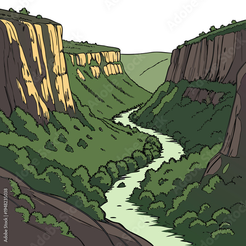A river runs through a lush green canyon