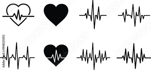 Heart Rate Pulse Icons Set, Medical Cardiogram EKG ECG Vector Line Silhouettes Isolated on White Background for Healthcare and Wellness Designs