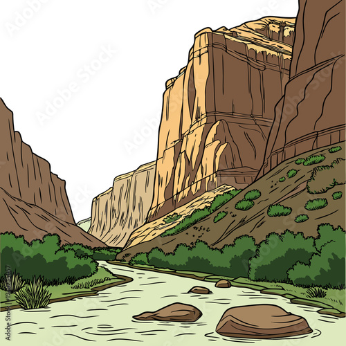 A river running through a canyon with large cliffs