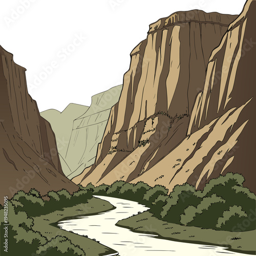 A river runs through a canyon with large brown cliffs