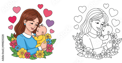 Loving Mother Embracing Baby with Hearts and Flowers