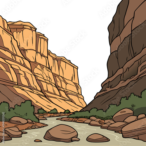 A cartoon canyon with a river running through it