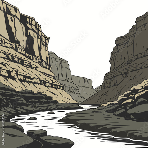 A river runs through a canyon with steep cliffs