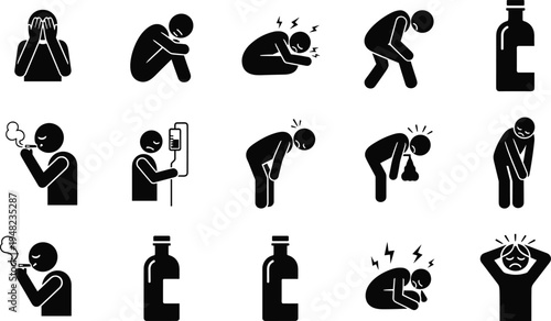 Mental Health Icons Set, Addiction and Depression Vector Symbols, Sick Person Silhouette, Alcoholism, Smoking, Headache, Sadness, Stress, Anxiety, Hospital Care, Illness Collection