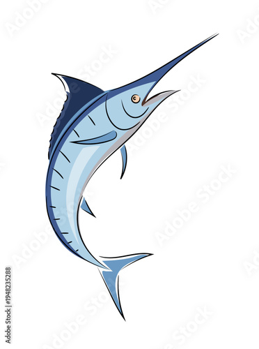 Image of jumping blue marlin, stylized flat vector illustration, sea sport fishing icon isolated on white background. Hand drawn, scribble.