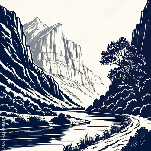 A serene mountain landscape with a river and tree
