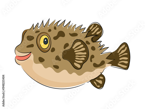 Cartoon puffer fish, cute spiny fugu fish, sea animal, tropical ocean fish flat vector illustration isolated on white background. Hand drawn, scribble.
