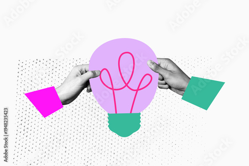 Foto Trend artwork creative sketch 3D photo collage of two hand hold electric idea bu