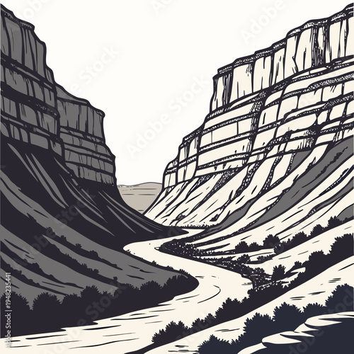 A black and white illustration of a canyon with a river