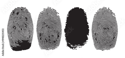 Fingerprint illustrations with imperfections and solid fill, set of four isolated on white background, security