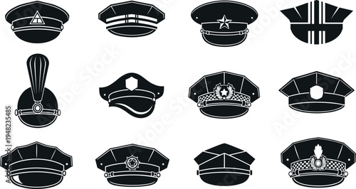 Military cap silhouette set, uniform hat collection with officer insignia and service headwear icons, isolated emblem design