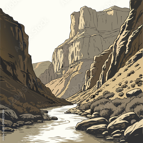 A river flowing through a canyon with steep cliffs