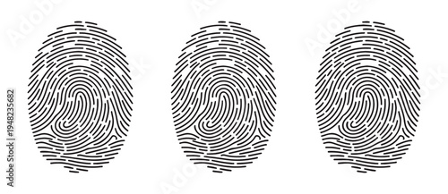 Minimalist black linear fingerprint icons showing three different unique human patterns on white backdrop