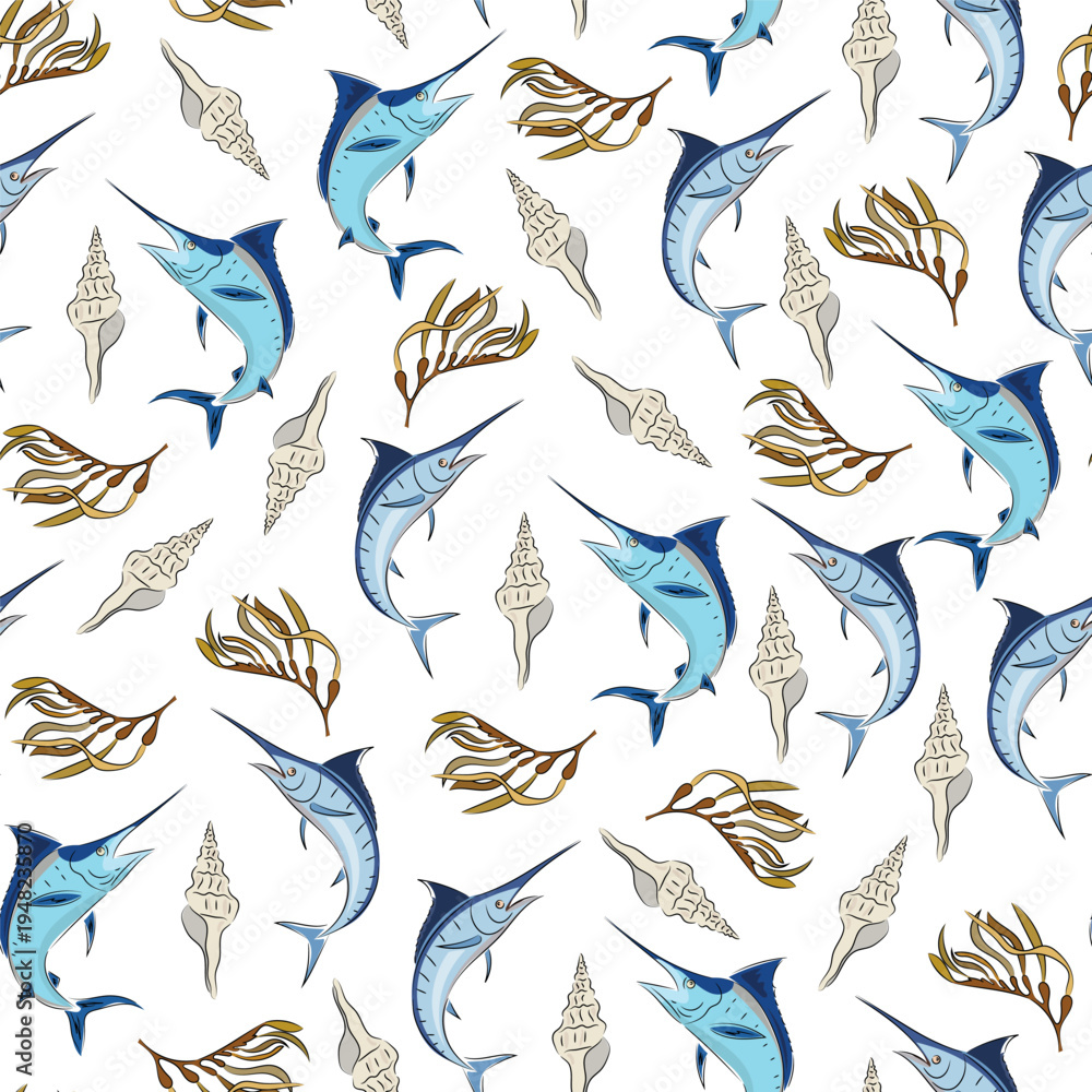 Fototapeta premium Seamless pattern sea with marlin, shells and seaweed. Flat vector background with sea life, swordfish and clam shells. Hand drawn, scribble.