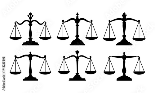 Balance scale silhouettes, justice symbol, fairness icon, legal illustration, court emblem, impartiality design, 