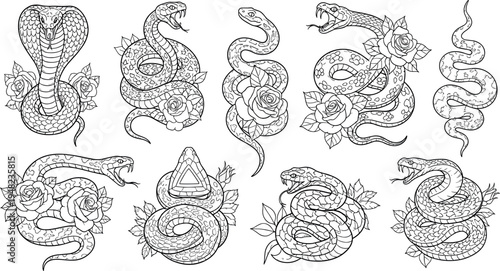 Vintage snake and rose tattoo vector collection detailed serpent illustrations with flowers gothic tattoo flash design set