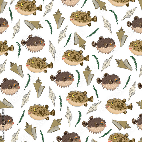 Seamless pattern marine with pufferfish, shells and seaweed, cute sea animals, and seashells. Flat vector background. Hand drawn, scribble.
