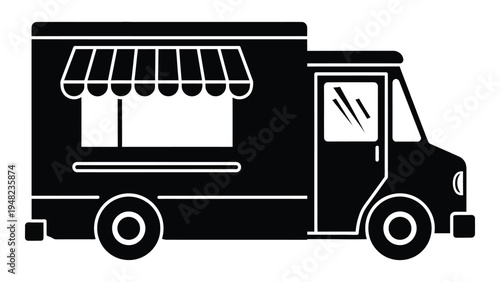 A black and white illustration of a food truck with awning and service window