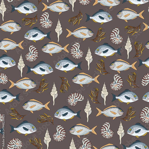 Seamless pattern sea with fish, shells and seaweed, flat vector background with nautilus shells and tropical fish. Hand drawn, scribble.