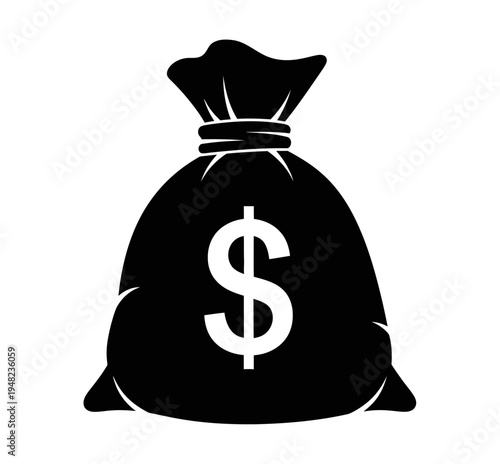 Black and White Money Bag Icon with Dollar Sign.