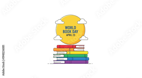 World book day celebration with stacked books and a yellow sun