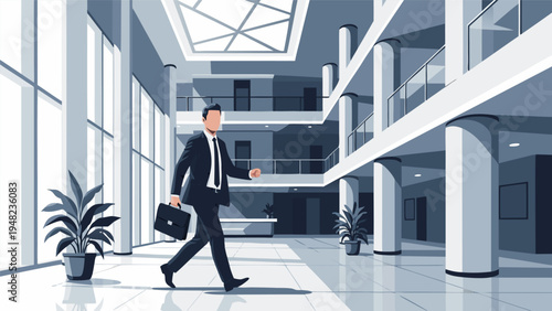 Dynamic professional walking in modern office lobby, a sleek business vector illustration perfect for corporate themes and ambitious career paths