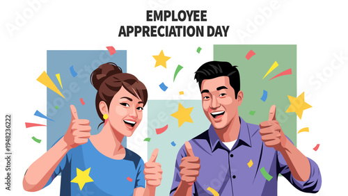 Happy employee appreciation celebration vector illustration showing a diverse team giving thumbs up with confetti and stars for success and recognition