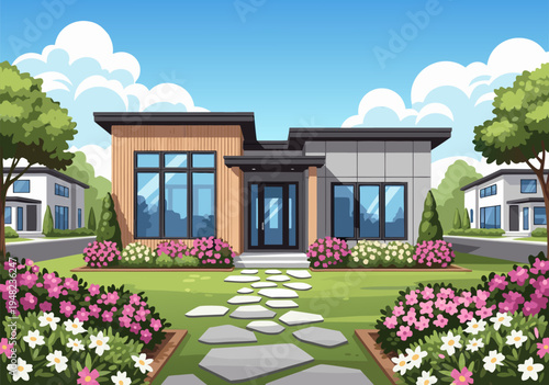 Modern House Exterior Vector Illustration with Lush Garden and Pathway – Contemporary Residential Building Digital Art Scalable Graphic