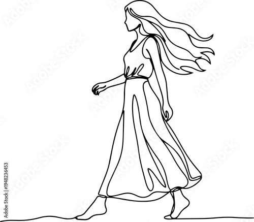 woman in a dress is walking  line art  