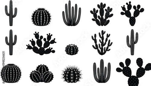 Cactus silhouettes, desert plants, diverse forms, saguaro, prickly pear, barrel cactus, botanical design, nature vector art, CAD drawing flat illustration