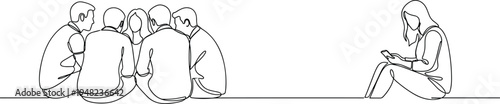 Continuous line drawing of group sitting together while one woman sits alone with phone, social isolation, exclusion, loneliness, minimalist vector illustration