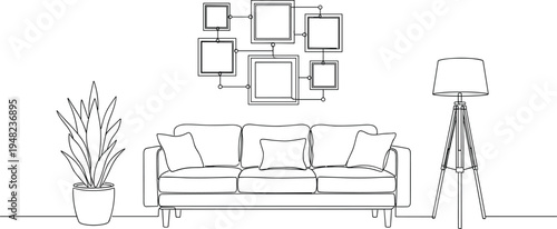 Continuous line drawing of modern living room interior, comfortable sofa with pillows, floor lamp, potted plant, wall picture frames, minimalist illustration