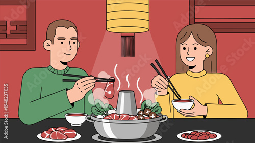 Delightful vector illustration a couple enjoying a steaming hot pot meal together in an inviting restaurant, celebrating shared food and Asian cuisine