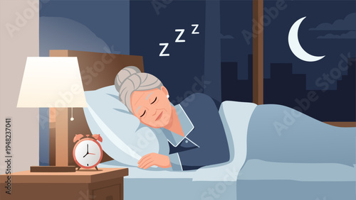 A tranquil night's rest for a senior woman in her cozy bedroom, a detailed vector illustration depicting peaceful sleep and comfort