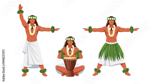 Hawaiian hula dancers performing a traditional dance with drum in a vector illustration on a white background