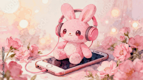 Sweet Music Pink Bunny with Headphones isolated watercolor vector illustration svg