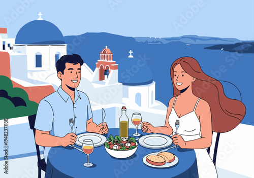 Romantic Vector Illustration of a Couple Enjoying a Meal with a View of Santorini's Blue Domes and Aegean Sea