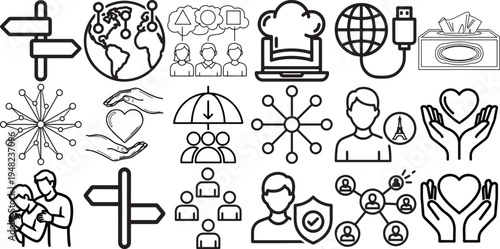 Collection of black and white icons representing global communication, technology, and human connection concepts.