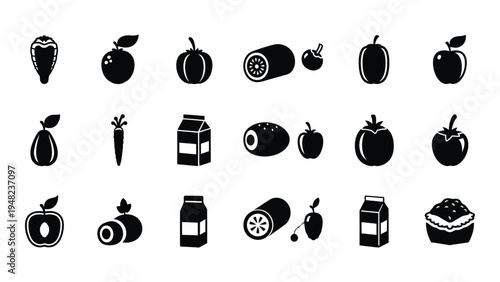 A comprehensive collection of black and white icons representing various types of food and drinks, including fruits, desserts, and beverages, arranged in rows on a plain white background.