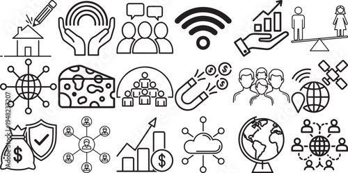 Collection of black and white icons representing global business, technology, finance, and communication concepts.
