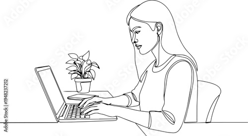 young woman working on laptop line art 