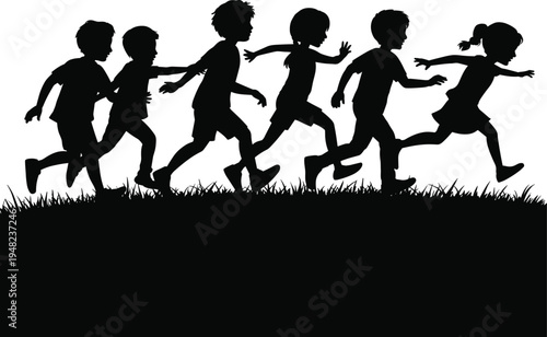Children running silhouette scene, kids playing chase together, joyful outdoor childhood activity, teamwork and friendship, black vector illustration
