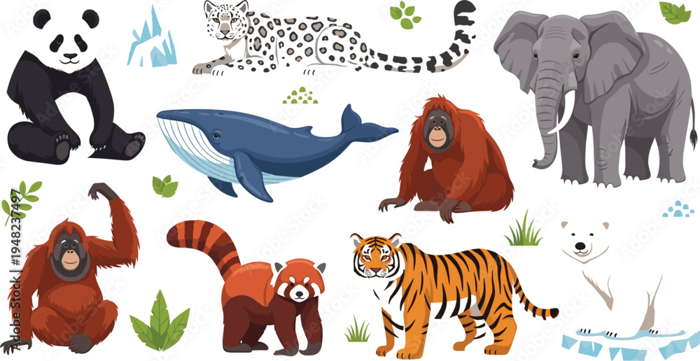 Obraz premium Wild animals cartoon collection with panda whale leopard elephant orangutan red panda tiger and polar bear wildlife illustration set