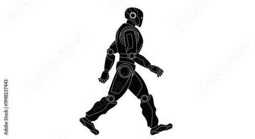 Black Silhouette of a Walking Robot on a White Background.